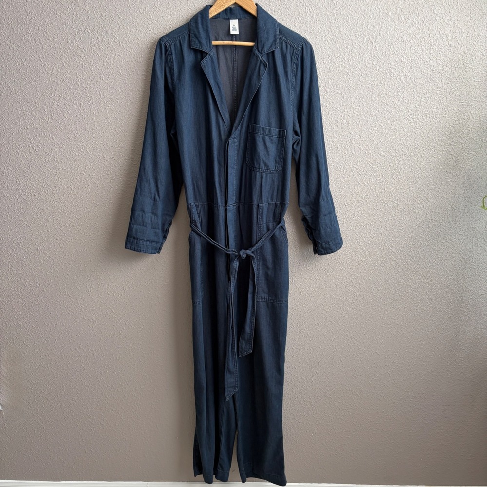 &Denim Chambray Long Sleeve Cotton Utility Straight Leg Relaxed Jumpsuit L